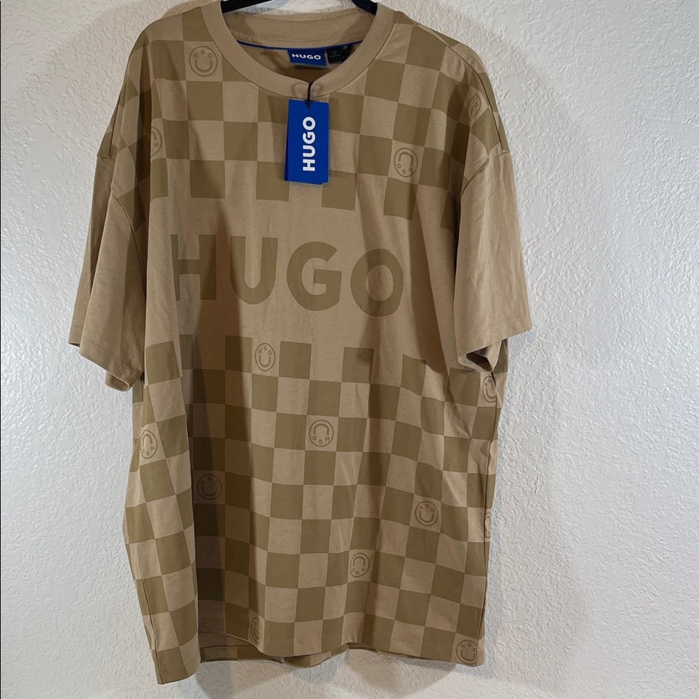 HUGO Big Logo Checkered Short Sleeve Crewneck Check Logo T-Shirt Size XXL NEW - Picture 2 of 11